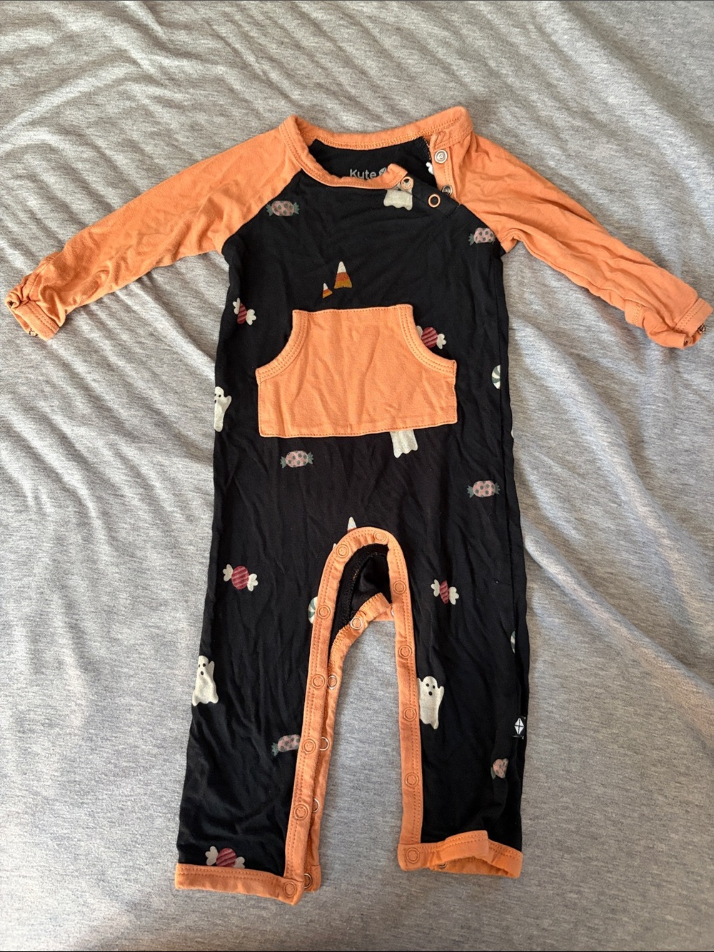 Kyte Baby Black and Orange Halloween Ghost Print Footless Romper